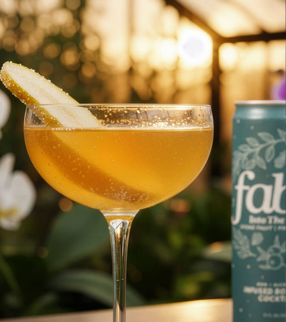 Fable cocktail with can and beautiful sunset background.
